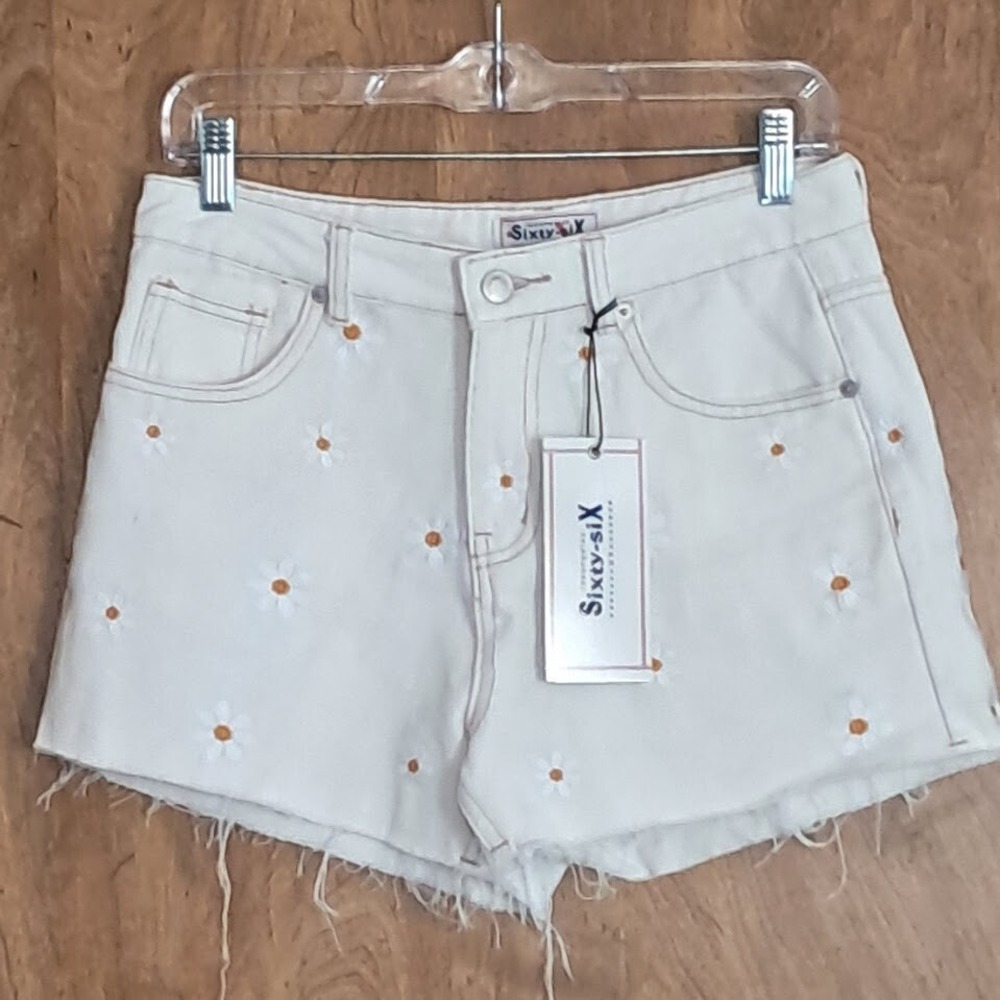 LOS ANGELES SIXTY SIX Sz 7 Short Shorts White Denim Cut‎ Off Embroidered Casual
